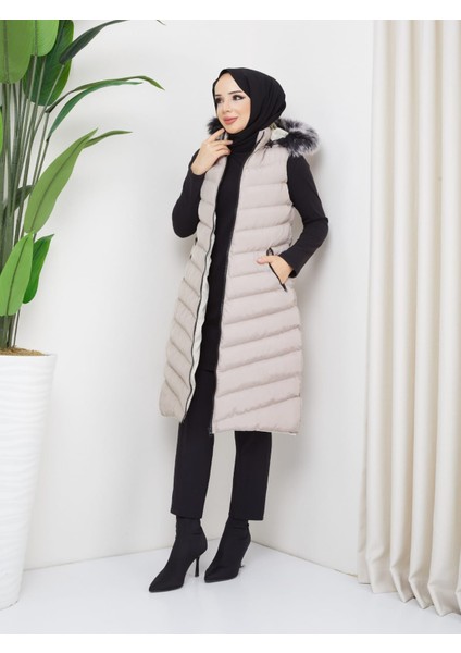 Kmk Kombin Kadın Uzun Önü Fermuarlı Kapişonlu Şişme Yelek modelleri