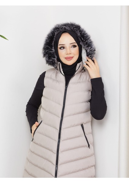 Kmk Kombin Kadın Uzun Önü Fermuarlı Kapişonlu Şişme Yelek indirimleri