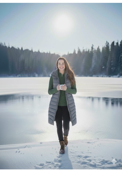 Kmk Kombin Kadın Uzun Önü Fermuarlı Kapişonlu Şişme Yelek