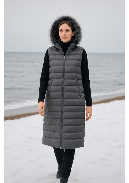 Kmk Kombin Kadın Uzun Önü Fermuarlı Kapişonlu Şişme Yelek fiyatları