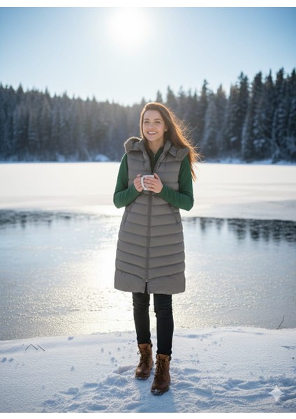 Kmk Kombin Kadın Uzun Önü Fermuarlı Kapişonlu Şişme Yelek modelleri