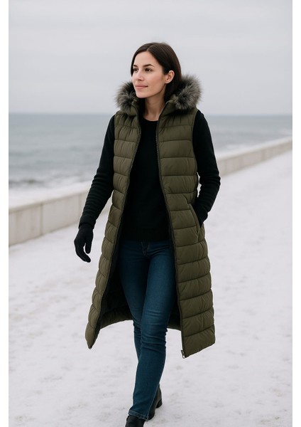 Kmk Kombin Kadın Uzun Önü Fermuarlı Kapişonlu Şişme Yelek fırsatları