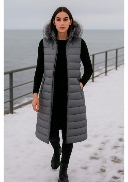 Kmk Kombin Kadın Uzun Önü Fermuarlı Kapişonlu Şişme Yelek indirimleri