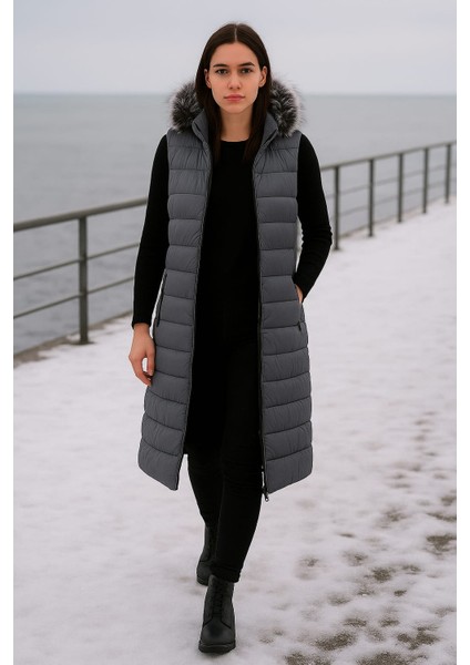 Kmk Kombin Kadın Uzun Önü Fermuarlı Kapişonlu Şişme Yelek