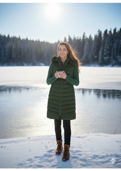 Kmk Kombin Kadın Uzun Önü Fermuarlı Kapişonlu Şişme Yelek