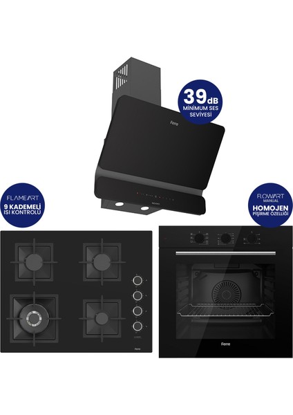 Flowart Turbolu Amörtisörlü Silenart Siyah Cam Ankastre Set ( 65 cm Woklu Ocak ) QBL62CS - SC405 - D080SA