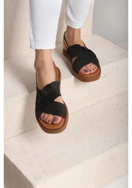 131302 Çapraz Bantlı Sandalet Hakiki Deri Siyah Süet