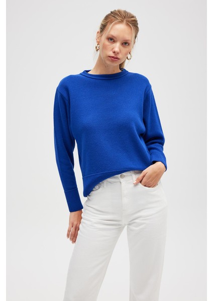 Risu, Düz Örgü Kadın Mevsimlik Triko Bisiklet Yaka Kazak - Saks Mavi