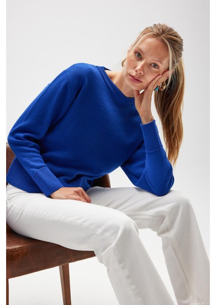 Risu, Düz Örgü Kadın Mevsimlik Triko Bisiklet Yaka Kazak - Saks Mavi fiyatları