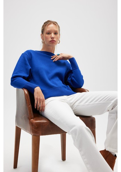 Risu, Düz Örgü Kadın Mevsimlik Triko Bisiklet Yaka Kazak - Saks Mavi modelleri