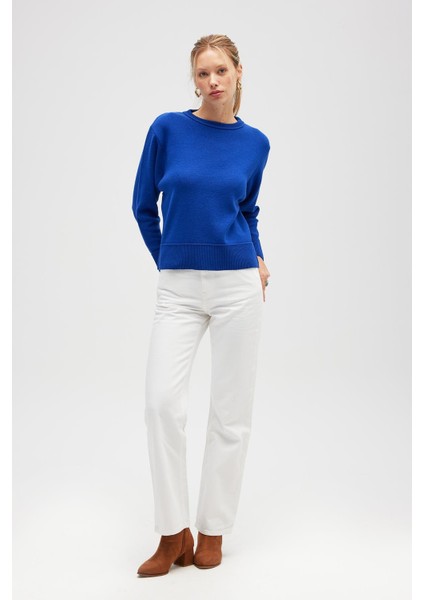 Risu, Düz Örgü Kadın Mevsimlik Triko Bisiklet Yaka Kazak - Saks Mavi fırsatları