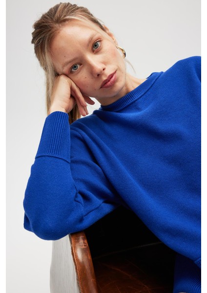 Risu, Düz Örgü Kadın Mevsimlik Triko Bisiklet Yaka Kazak - Saks Mavi indirimleri