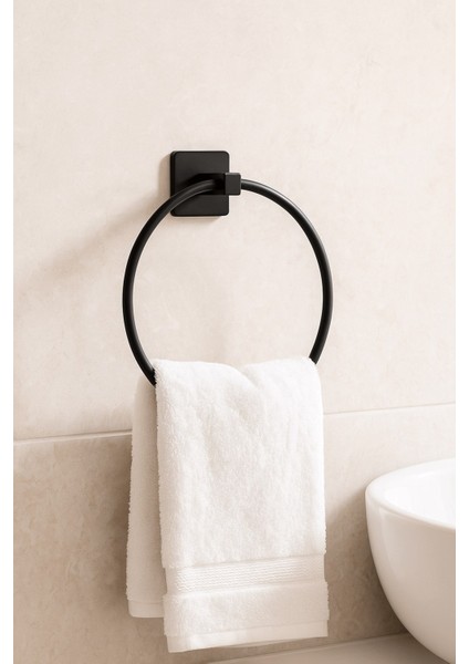 Siyah Yuvarlak Halka Havlu Askılığı – Kare Topuzlu, Vidalı Metal Banyo Askısı, Dayanıklı & Şık - (S-102) - Kts