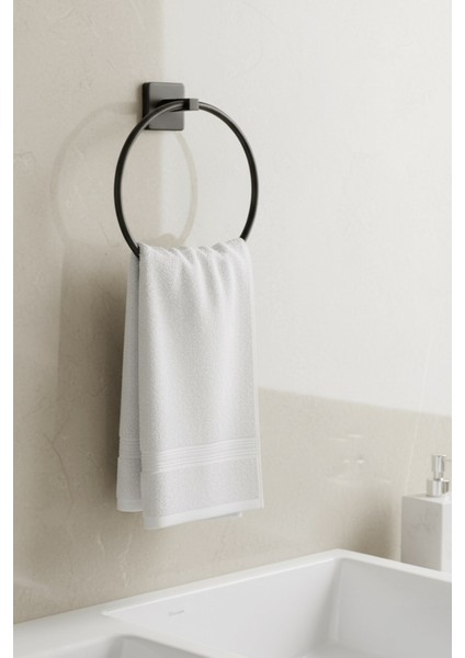 Siyah Yuvarlak Halka Havlu Askılığı – Kare Topuzlu, Vidalı Metal Banyo Askısı, Dayanıklı & Şık - (S-102) - Kts modelleri