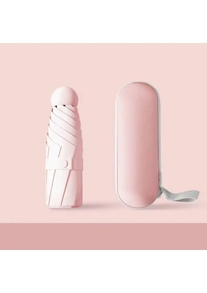 6 Telli Mini Cep Boy Kapsullü Şemsiye -Pembe