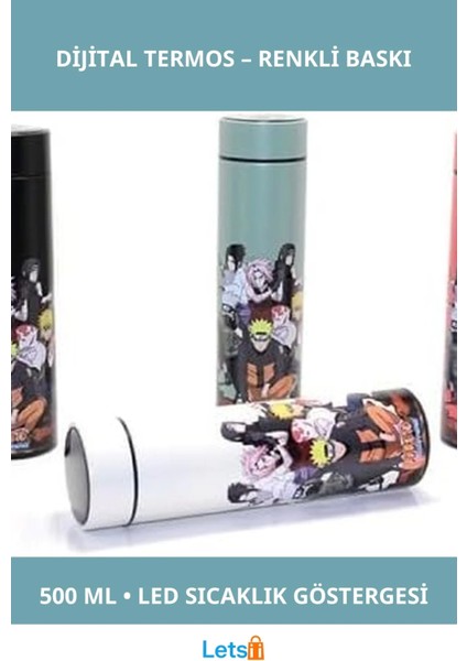Anime Baskılı Dijital Göstergeli Paslanmaz Çelik Termos 500 ml