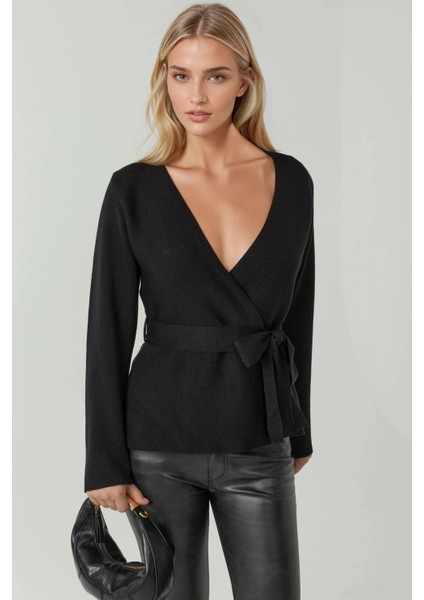 Kadın Kruvaze Yaka Kuşaklı Triko Hırka Siyah