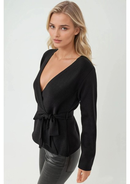 Kadın Kruvaze Yaka Kuşaklı Triko Hırka Siyah fiyatları