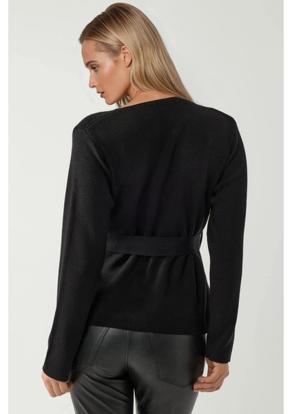 Kadın Kruvaze Yaka Kuşaklı Triko Hırka Siyah modelleri