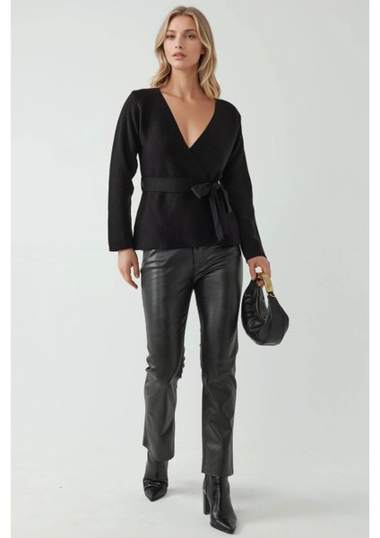 Kadın Kruvaze Yaka Kuşaklı Triko Hırka Siyah indirimleri
