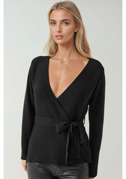 Kadın Kruvaze Yaka Kuşaklı Triko Hırka Siyah