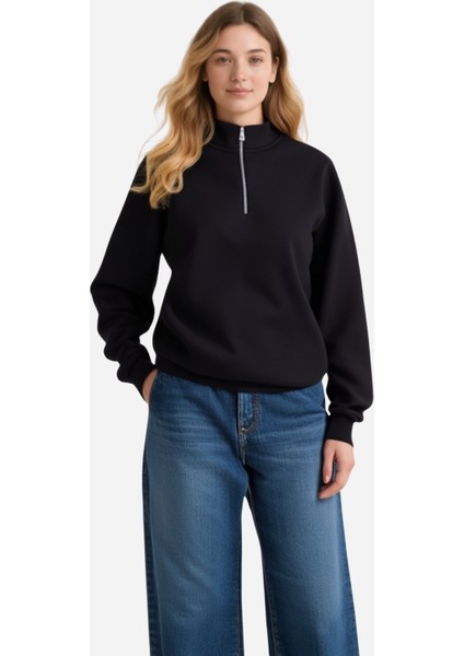 Unisex Relax Fit Rahat Kesim Pamuklu Içi Polarlı Yarım Fermuarlı Dik Yaka Sweatshirt fiyatları
