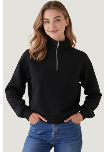 Unisex Relax Fit Rahat Kesim Pamuklu Içi Polarlı Yarım Fermuarlı Dik Yaka Sweatshirt modelleri