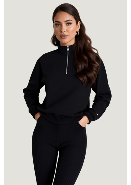 Unisex Relax Fit Rahat Kesim Pamuklu Içi Polarlı Yarım Fermuarlı Dik Yaka Sweatshirt fırsatları