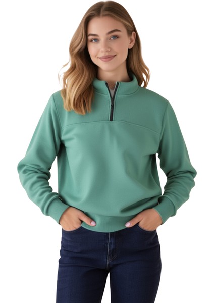 Unisex Relax Fit Rahat Kesim Pamuklu Içi Polarlı Yarım Fermuarlı Dik Yaka Sweatshirt