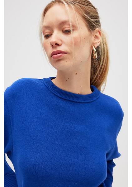 Risu, Düz Örgü Kadın Mevsimlik Triko Bisiklet Yaka Kazak - Saks Mavi