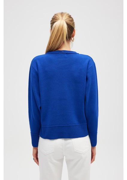 Risu, Düz Örgü Kadın Mevsimlik Triko Bisiklet Yaka Kazak - Saks Mavi