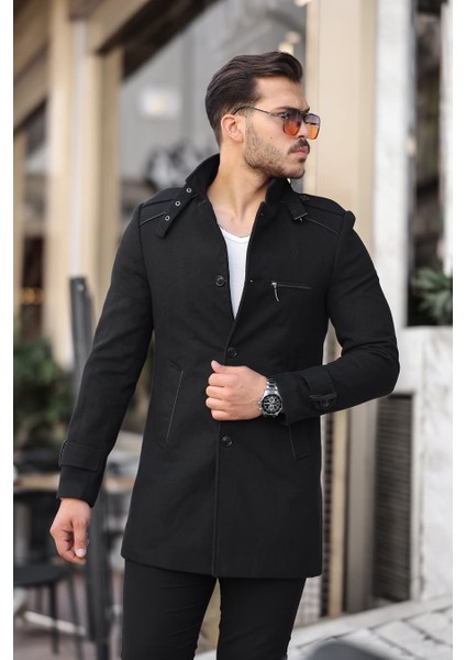Erkek Siyah Slim Kalıp Kaşe Kaban