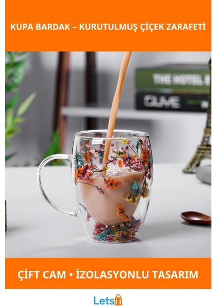 Orijinal Kurutulmuş Çiçekli Çift Camlı Kupa Bardak 250 ml