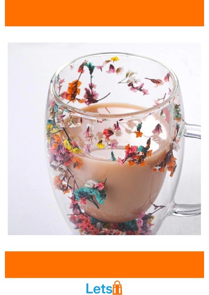 Orijinal Kurutulmuş Çiçekli Çift Camlı Kupa Bardak 250 ml modelleri