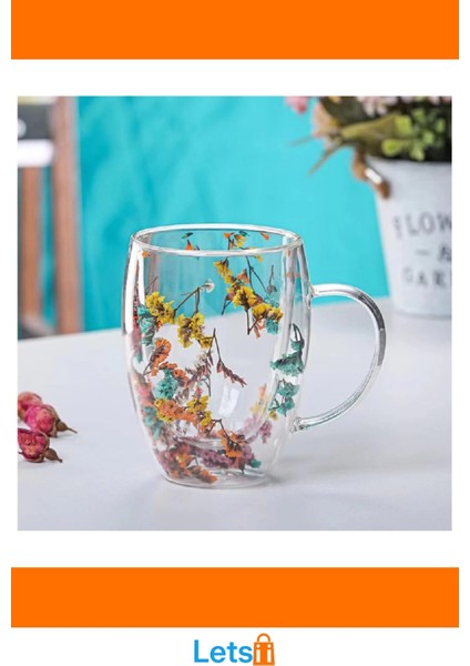 Orijinal Kurutulmuş Çiçekli Çift Camlı Kupa Bardak 250 ml fırsatları