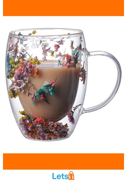 Orijinal Kurutulmuş Çiçekli Çift Camlı Kupa Bardak 250 ml indirimleri