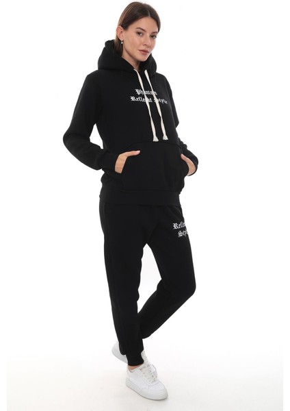 Kadın Kapüşonlu Kanguru Cep Şardonlu 3 Iplik Kışlık Içi Polarlı Günlük Eşofman Takım