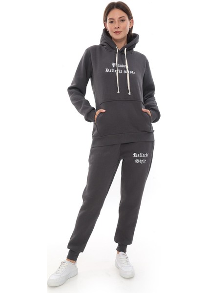 Kadın Kapüşonlu Kanguru Cep Şardonlu 3 Iplik Kışlık Içi Polarlı Günlük Eşofman Takım