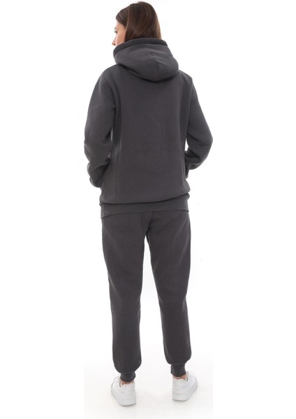 Kadın Kapüşonlu Kanguru Cep Şardonlu 3 Iplik Kışlık Içi Polarlı Günlük Eşofman Takım