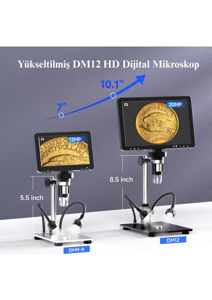 10.1'' DM12 HDMI Dijital Mikroskop 2000X Büyütme 20MP Kamera 10 LED Işık 32 GB Uzaktan Kumanda