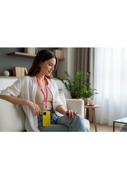 Telefon Boyun Askısı Neon Pembe Paracord Örgü Tüm Kılıflara Uyumlu