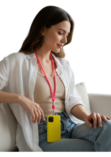 Telefon Boyun Askısı Neon Pembe Paracord Örgü Tüm Kılıflara Uyumlu modelleri