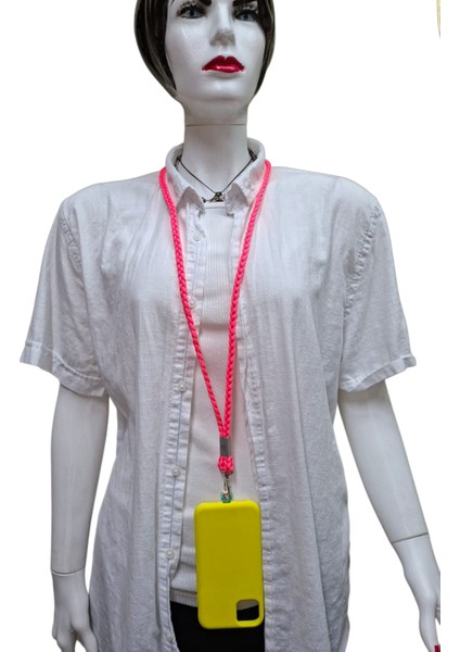 Telefon Boyun Askısı Neon Pembe Paracord Örgü Tüm Kılıflara Uyumlu