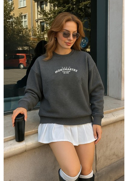 Oversize Bisiklet Yaka Simli Baskılı Sweatshirt Antrasit fiyatları