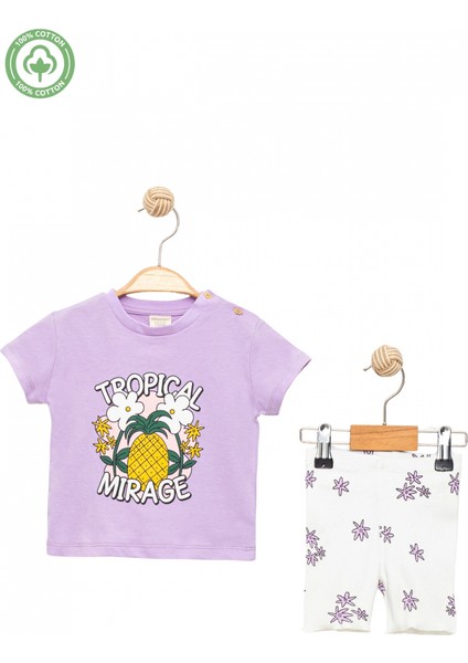 Kız Bebek Takım Lila %100 Pamuk Baskılı Tişört Beyaz Şortlu Tropikal Desenli Alt Üst Takım