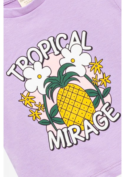 Kız Bebek Takım Lila %100 Pamuk Baskılı Tişört Beyaz Şortlu Tropikal Desenli Alt Üst Takım fiyatları