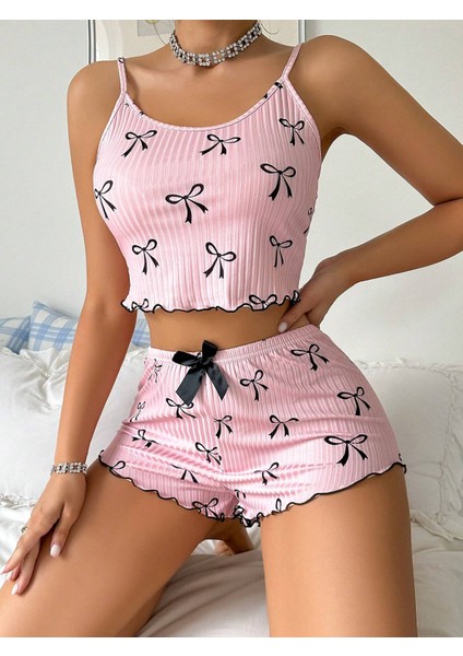 Pembe Fiyonklu Askılı Şortlu Kadın Pijama Takımı, Yumuşak Kumaş, Şık Detaylar,yazlık Kadın Pijama modelleri