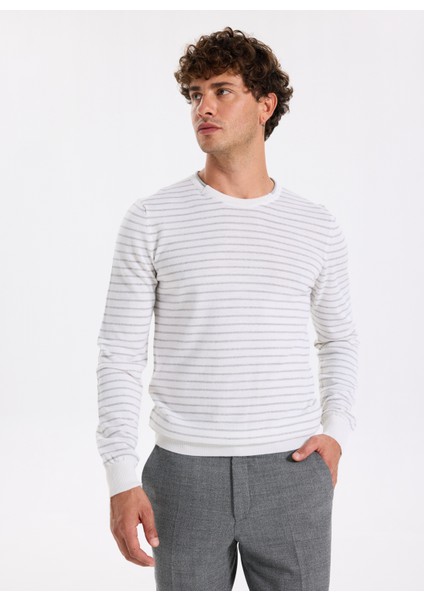 Bisiklet Yaka Slim Fit Çizgili Ekru Erkek Kazak F5WM-KZK 2306