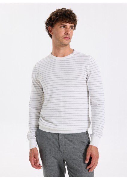 Bisiklet Yaka Slim Fit Çizgili Ekru Erkek Kazak F5WM-KZK 2306 modelleri