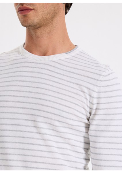 Bisiklet Yaka Slim Fit Çizgili Ekru Erkek Kazak F5WM-KZK 2306 fırsatları